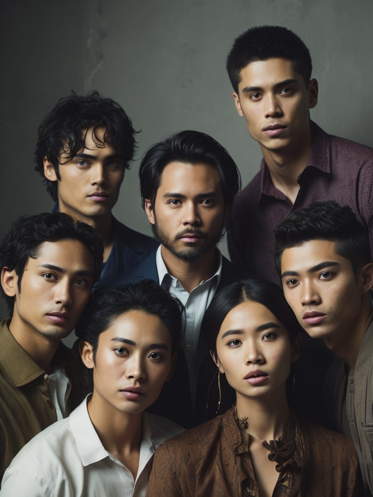 A portrait of a group of South East Asian creatives in a studio with white background, midshot