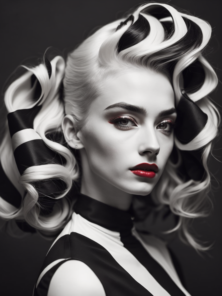 Pale-skinned girl model, wearing a black and white striped dress with a high collar, contrast lighting, Bright red make-up, Black and white curly long hair, dark background, fashion model, magazine cover, professional shot,