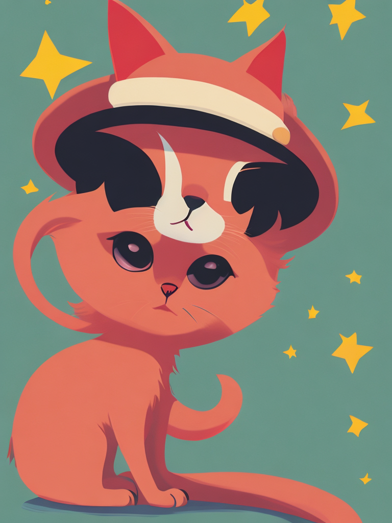 a young pink cat, wearing a hat, Illustration, Disney, USA, style of Mary Blair