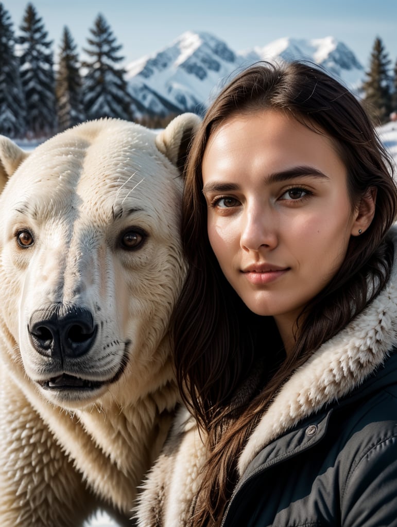 selfie of young woman with a polar bear, polar location, ice and snow, cold environment, highly detailed