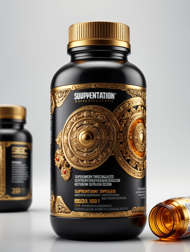 White background, side view product photography of a supplement bottle, ultra-realistic, ultra-detailed, super intricate design, intricate detail, Object in the center of the image