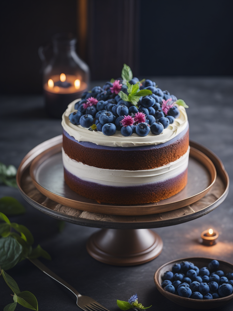Blueberry cake with flowers, sharp on details, deep atmosphere