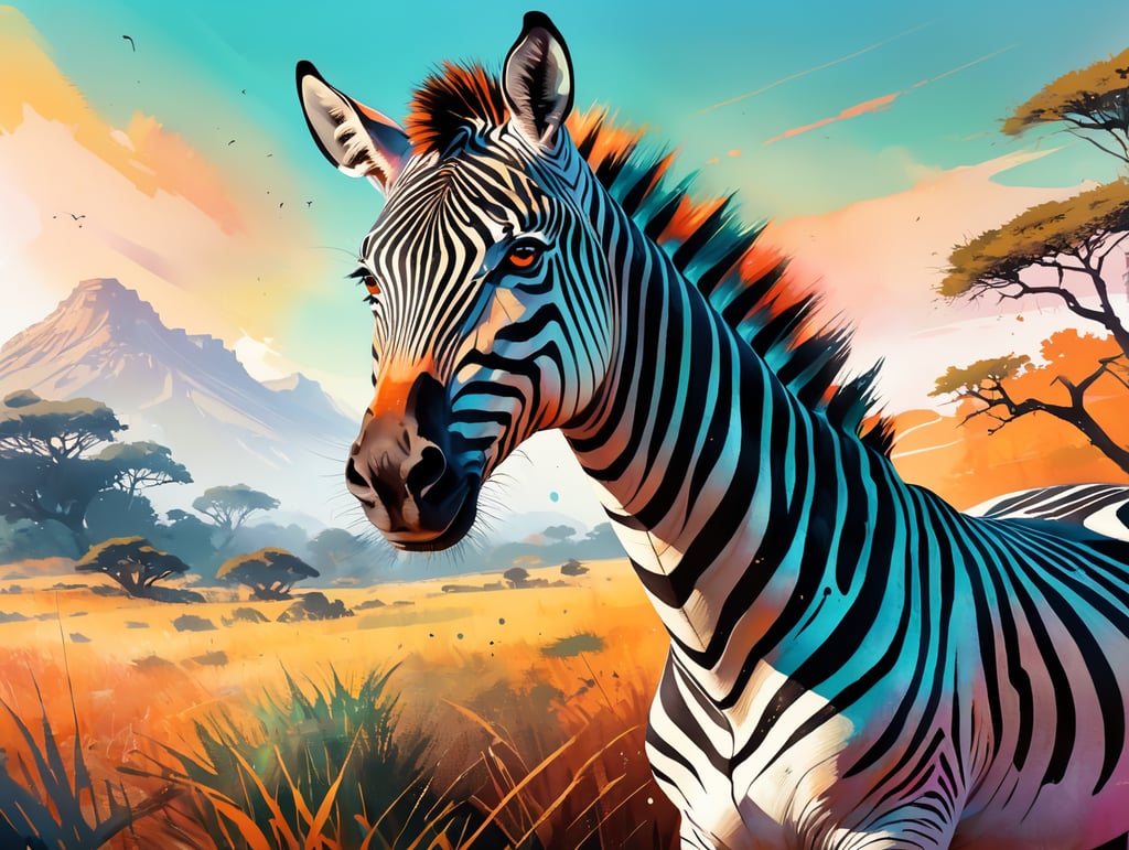 [Masterpiece, Best quality, High resolution], [Vector image, Highly detailed, Flat design], [Colorful], [zebra in simple savanna background], [Soft lighting, Transparent background], [Simple, Vibrant colors, Nature-inspired, Majestic]