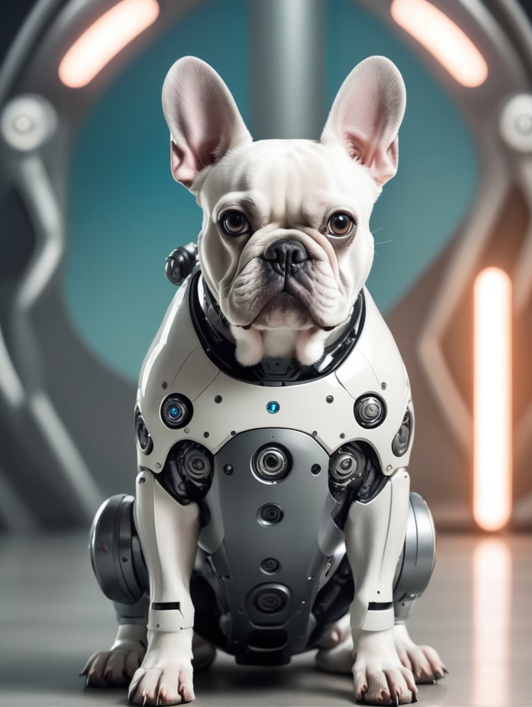 french bulldog sitting down with robot legs with futuristic background