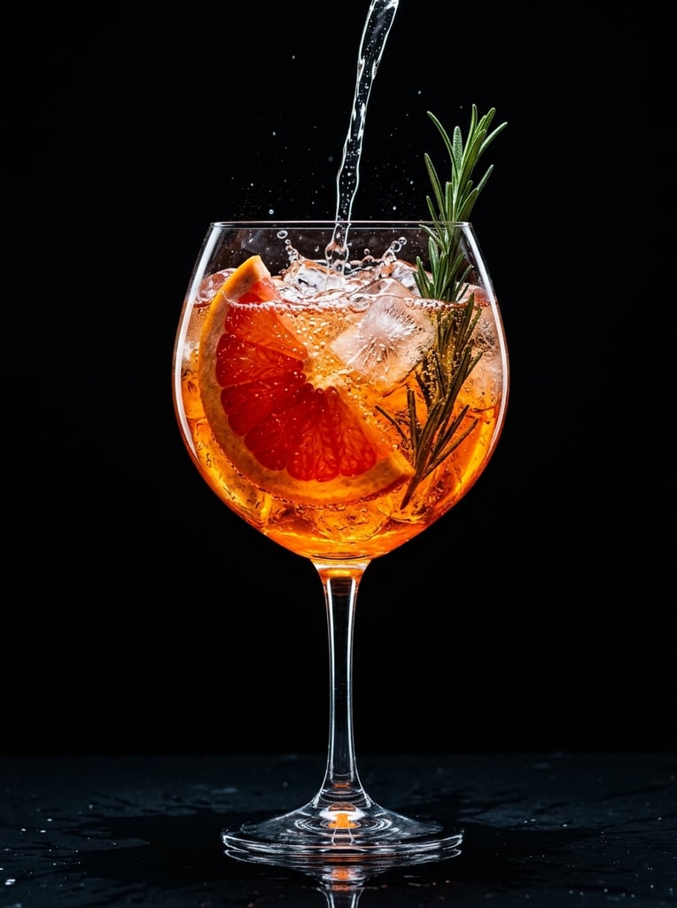 A vibrant, glowing orange cocktail in a large balloon glass sits against a pitch-black background as clear liquid is poured into it from above. The glass is packed with irregular ice cubes, a thick wedge of textured ruby red grapefruit, and a tall sprig of fresh green rosemary. The descending stream creates delicate splashes and tiny bubbles on the surface. Dramatic low-key lighting isolates the glass in pure darkness, casting a fiery amber luminescence that radiates from within the drink and highlights the elegant stem resting on a dark reflective surface. The moody macro photography emphasizes the rich color saturation of the citrus and the crisp crystalline textures of the ice against the absolute void.