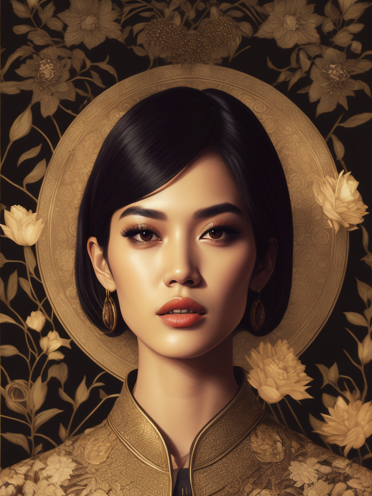 eiza gonzález portrait by ikenaga yasunari and ayana otake and ko rakusui, 6 0 s poster, drawing, realistic, sharp focus, japanese, dreamy, nostalgia, faded, golden hues, clothes with floral pattern
